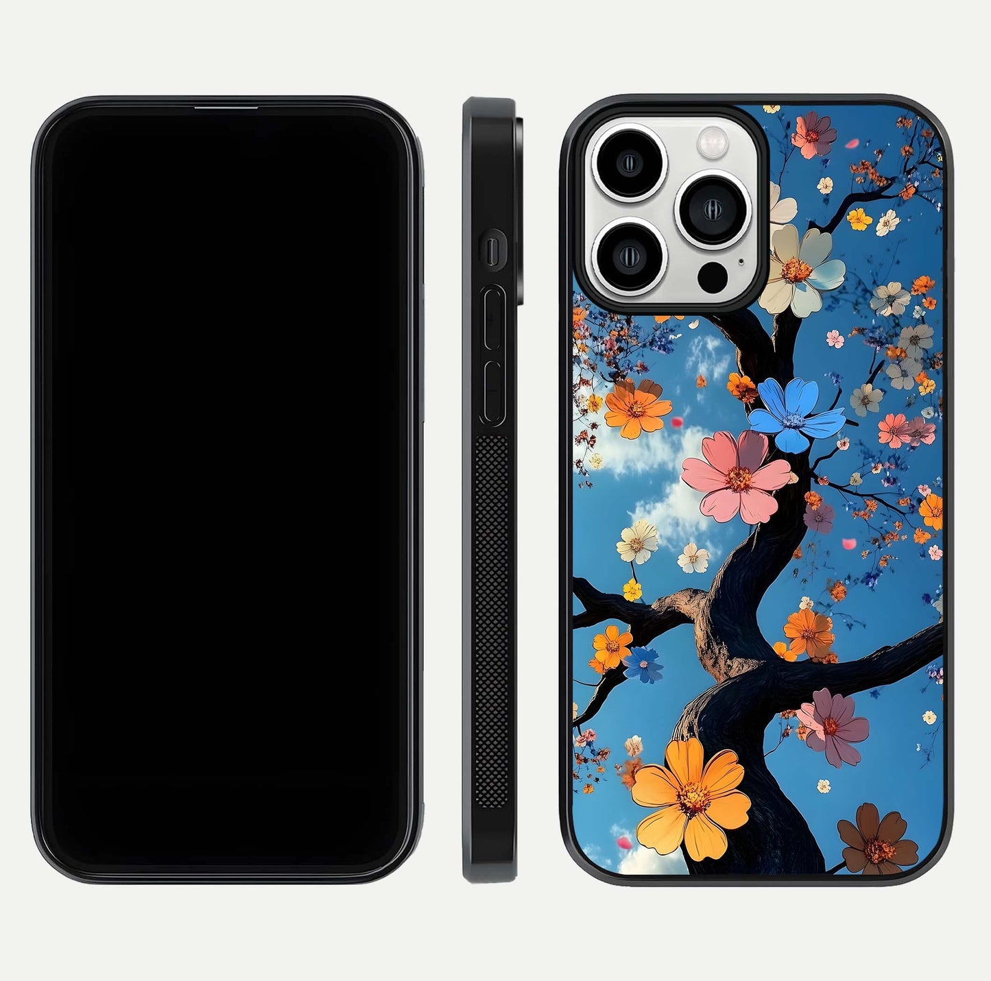 Blossom Dream Sky Glass Case for iPhone 13 Pro Max front-and-back layout showing floral print and premium edge gloss