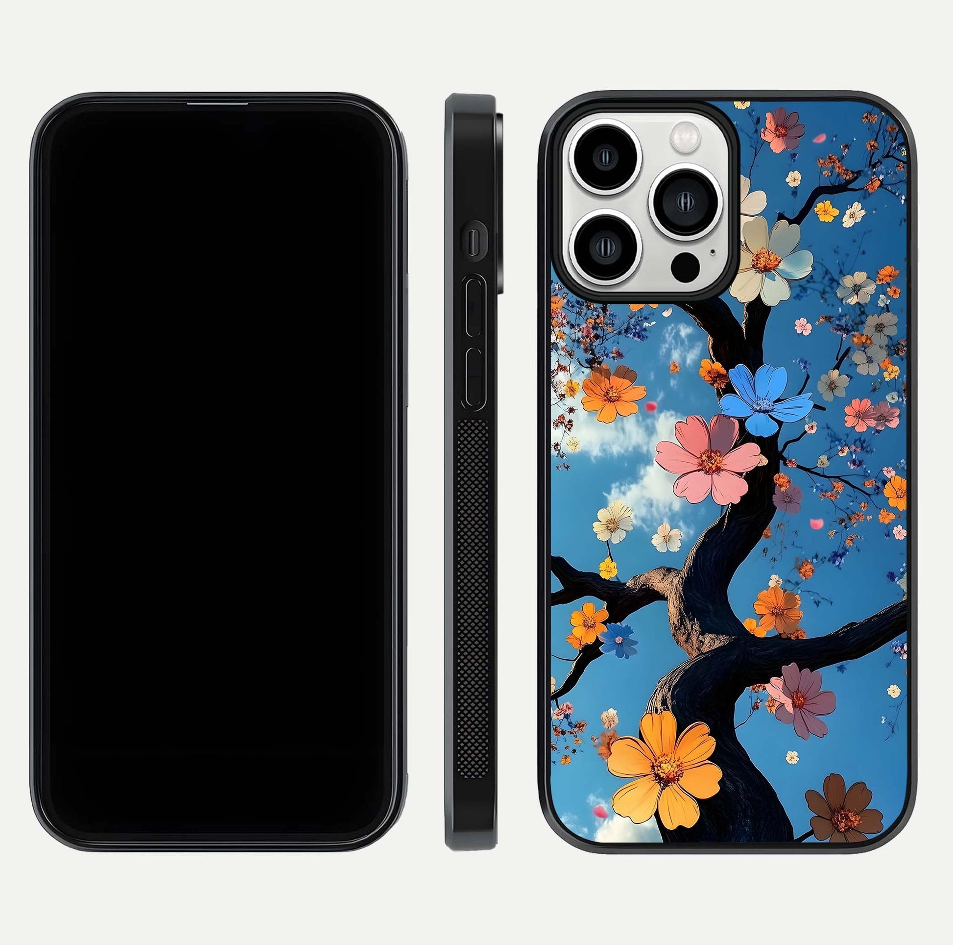 Blossom Dream Sky Glass Case for iPhone 13 Pro Max front-and-back layout showing floral print and premium edge gloss