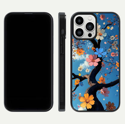 Blossom Dream Sky Glass Case for iPhone 13 Pro Max front-and-back layout showing floral print and premium edge gloss