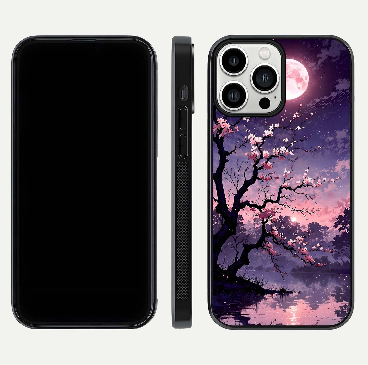 Blossom Pink Moon Glass Case for iPhone 13 Pro Max front-and-back layout showing minimal edges and artistic flower print