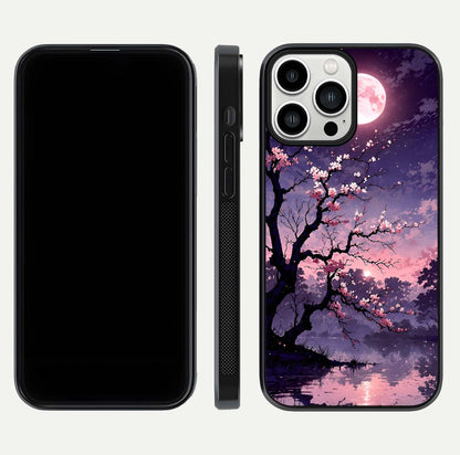 Blossom Pink Moon Glass Case for iPhone 13 Pro Max front-and-back layout showing minimal edges and artistic flower print