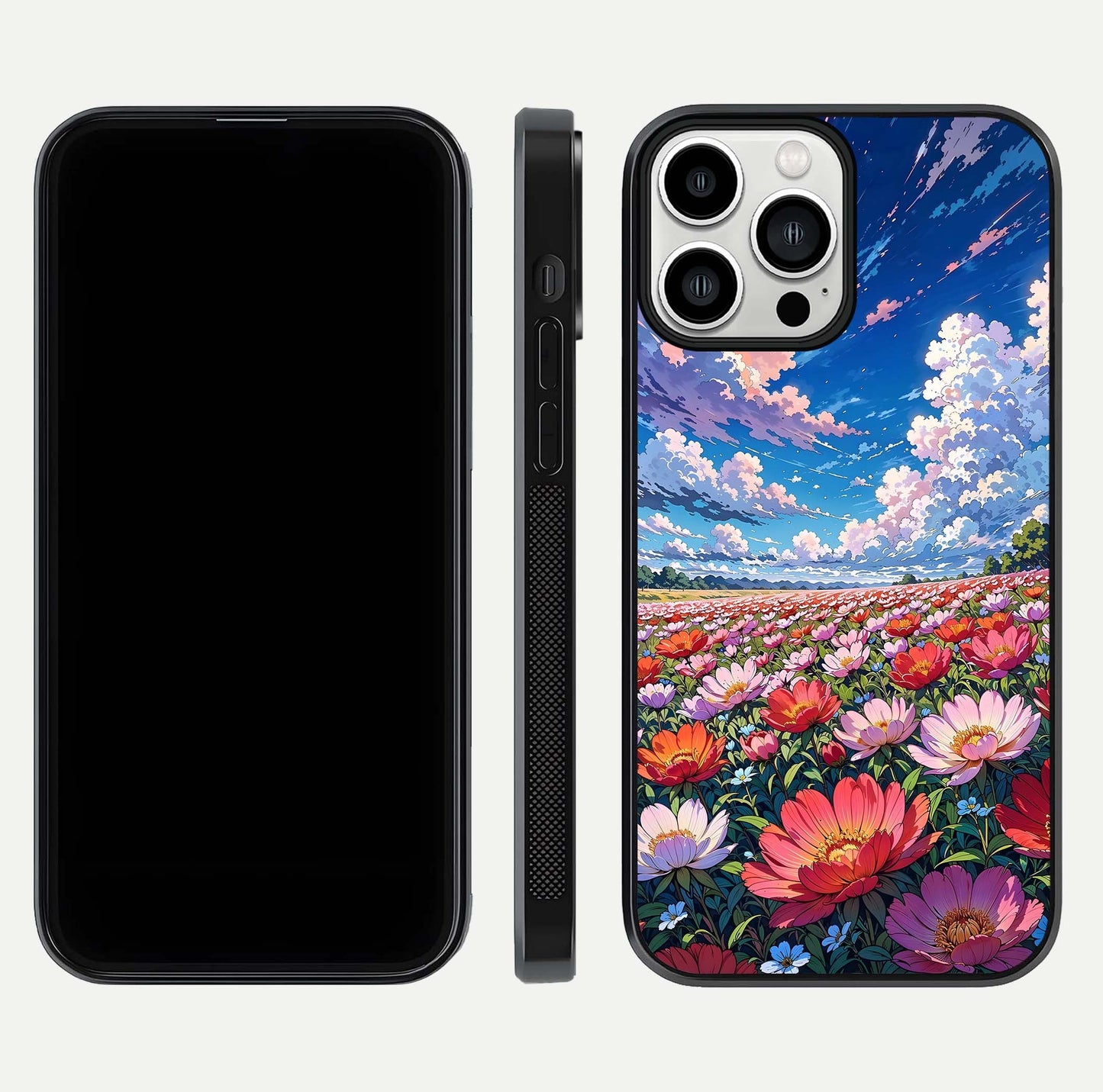 Blossom Sky Field Glass Case for iPhone 13 Pro Max front-and-back layout highlighting design edges and gloss clarity