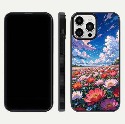 Blossom Sky Field Glass Case for iPhone 13 Pro Max front-and-back layout highlighting design edges and gloss clarity