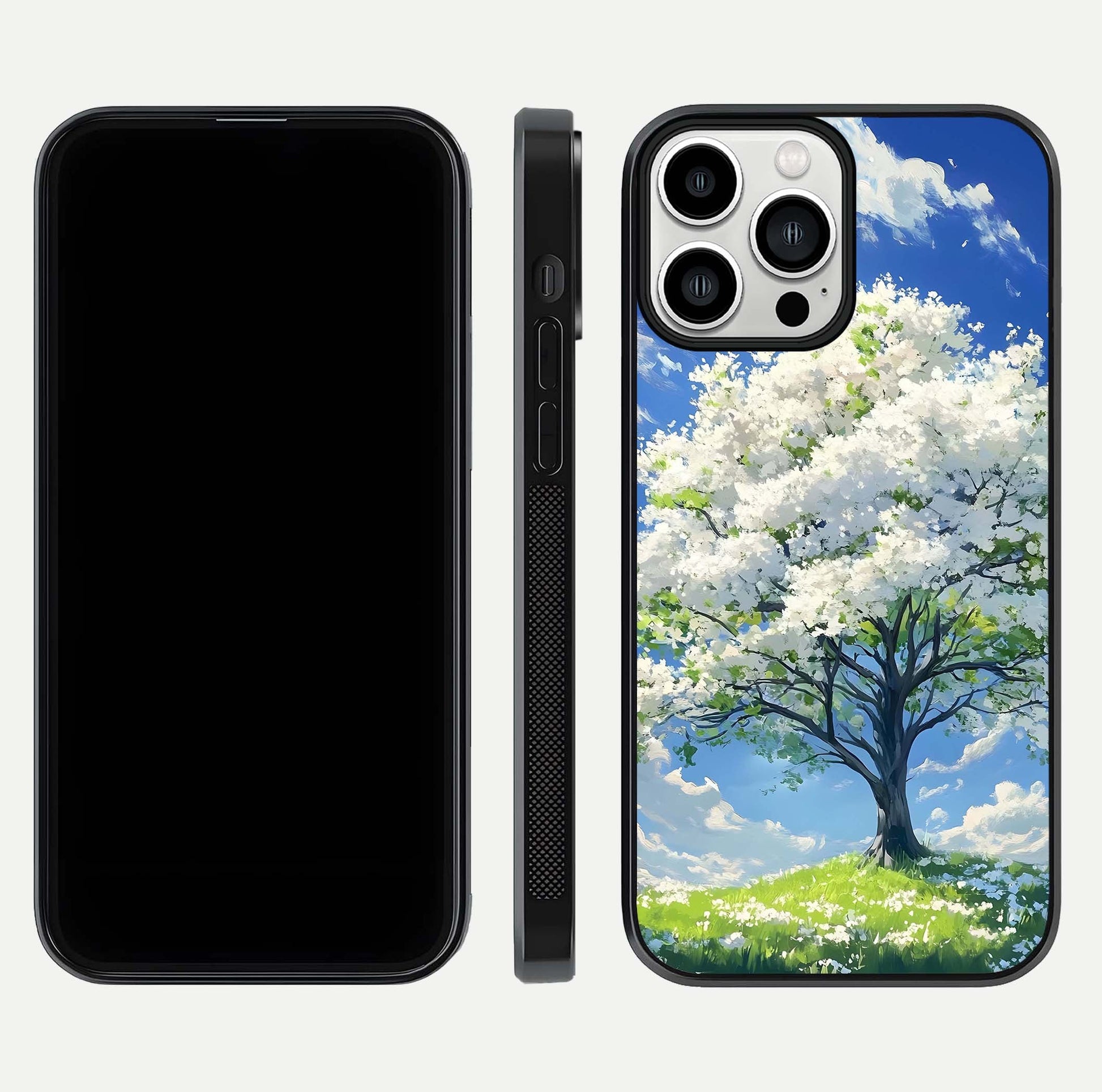 Blossom Sky Serenity Glass Case for iPhone 13 Pro Max dual-view layout showing pastel hues and soft protective edges