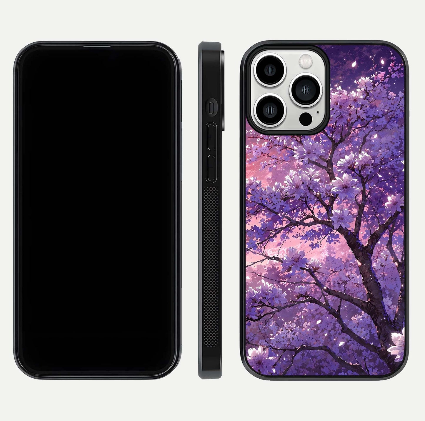 Blossom Tree Glass Case for iPhone 13 Pro Max front-and-back layout showing art alignment and gloss reflection