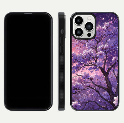 Blossom Tree Glass Case for iPhone 13 Pro Max front-and-back layout showing art alignment and gloss reflection