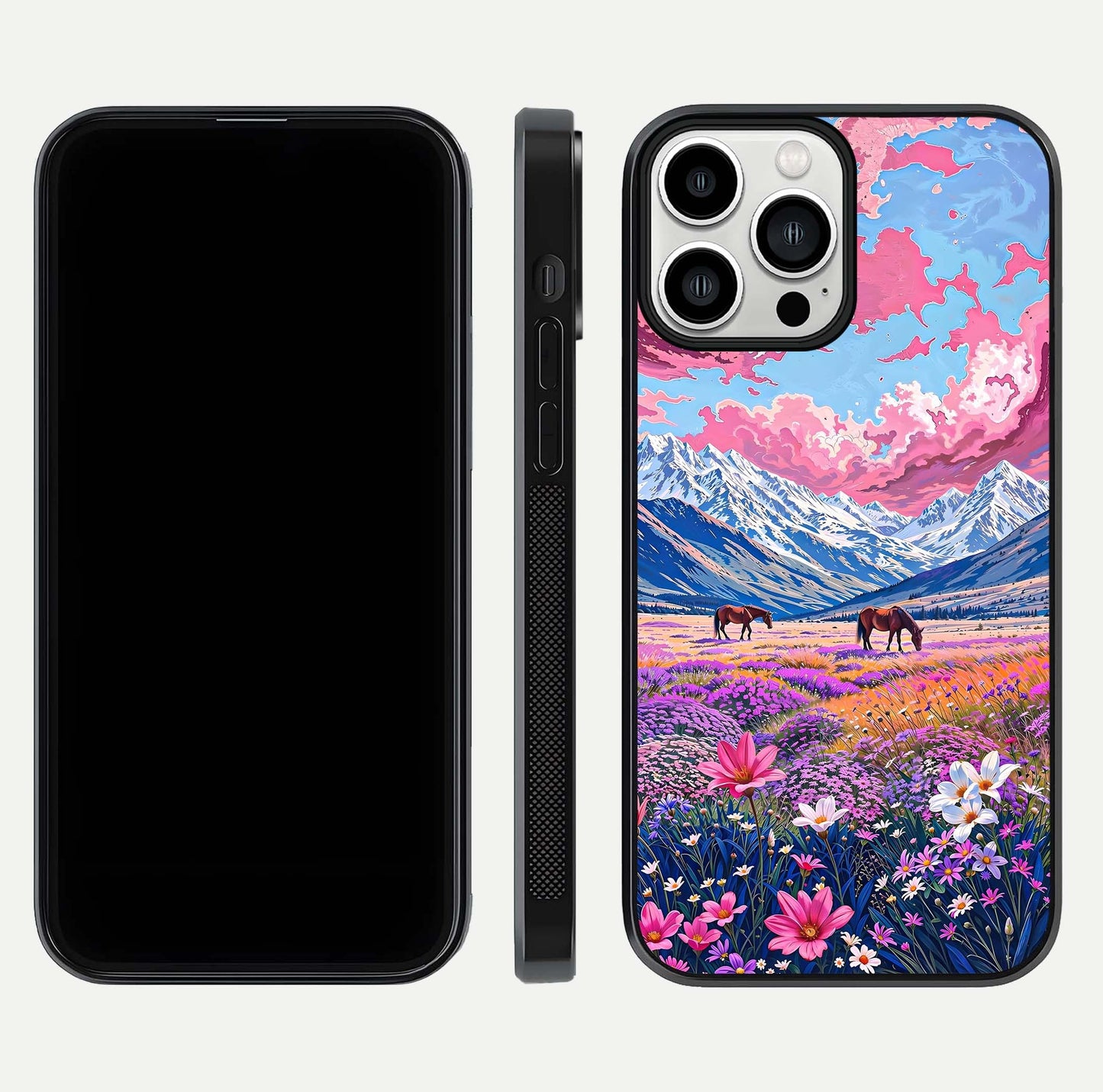Blossom Valley Dream Glass Case for iPhone 13 Pro Max front-and-back layout highlighting glossy reflection and edge cut