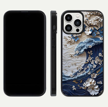 Blossom Wave Art Glass Case for iPhone 13 Pro Max front-and-back layout showing curved design and glass clarity