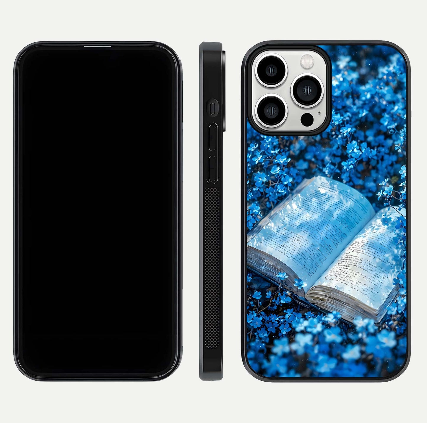 Blue Bloom Tales Glass Case for iPhone 13 Pro Max dual-view layout highlighting shine, floral print, and smooth edges