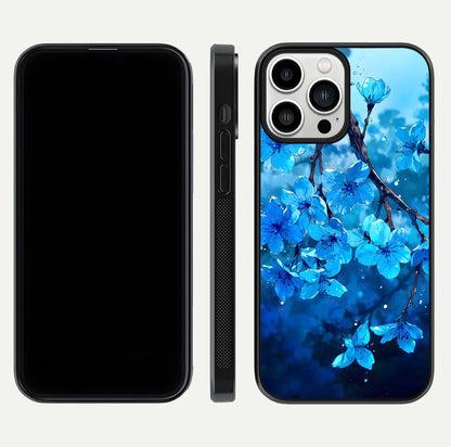Blue Blossoms Branch Glass Case for iPhone 13 Pro Max dual-view layout displaying floral art and sleek protective frame