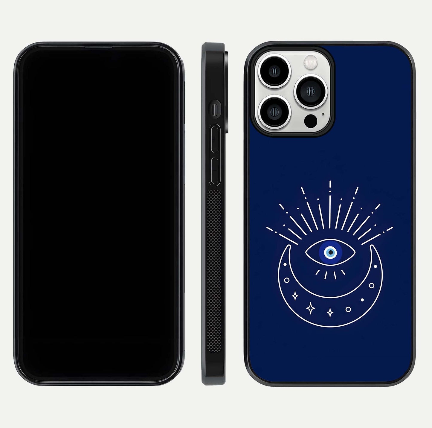 Blue Evil Eye Glass Case for iPhone 13 Pro Max front-and-back layout showing blue aura design and curved-edge clarity