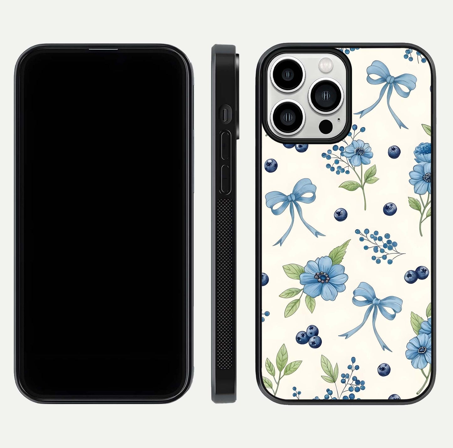 Blue Flower & Bow Glass Case for iPhone 13 Pro Max dual-view layout showing balanced pattern and smooth edges