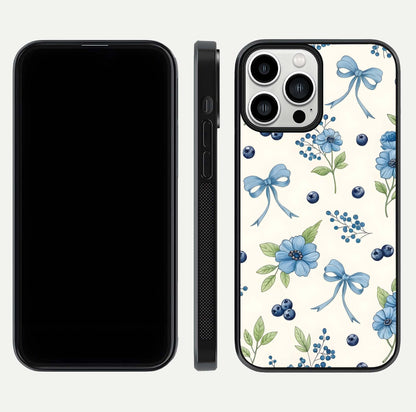 Blue Flower & Bow Glass Case for iPhone 13 Pro Max dual-view layout showing balanced pattern and smooth edges
