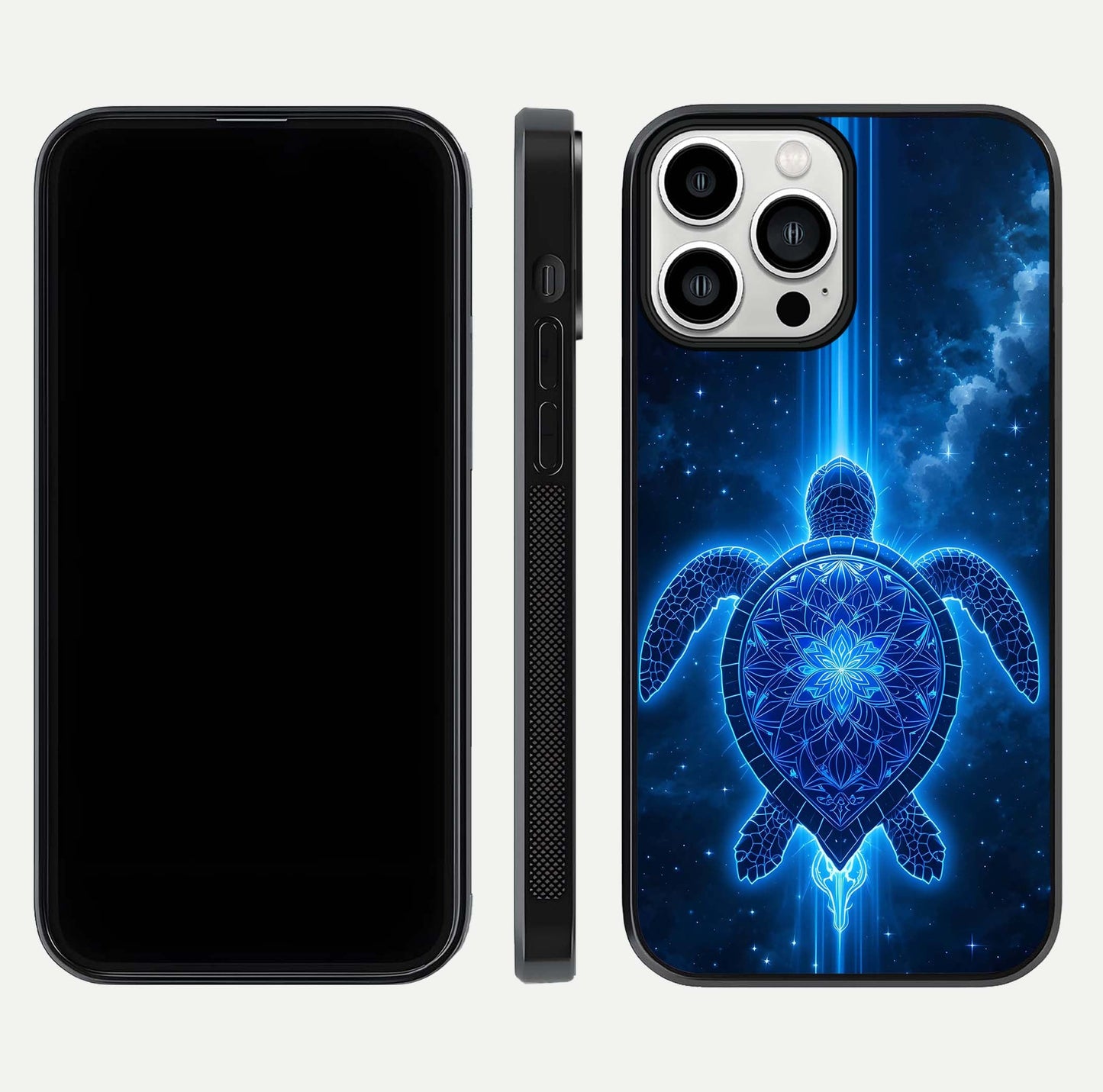 Blue Galaxy Turtle Glass Case for iPhone 13 Pro Max front-and-back layout highlighting cosmic art and reflective glass