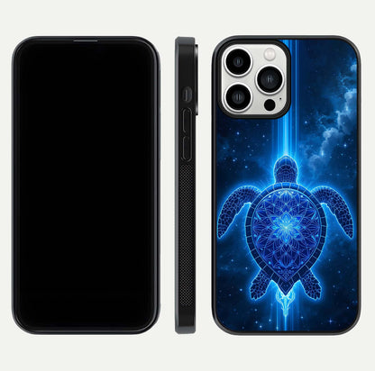 Blue Galaxy Turtle Glass Case for iPhone 13 Pro Max front-and-back layout highlighting cosmic art and reflective glass