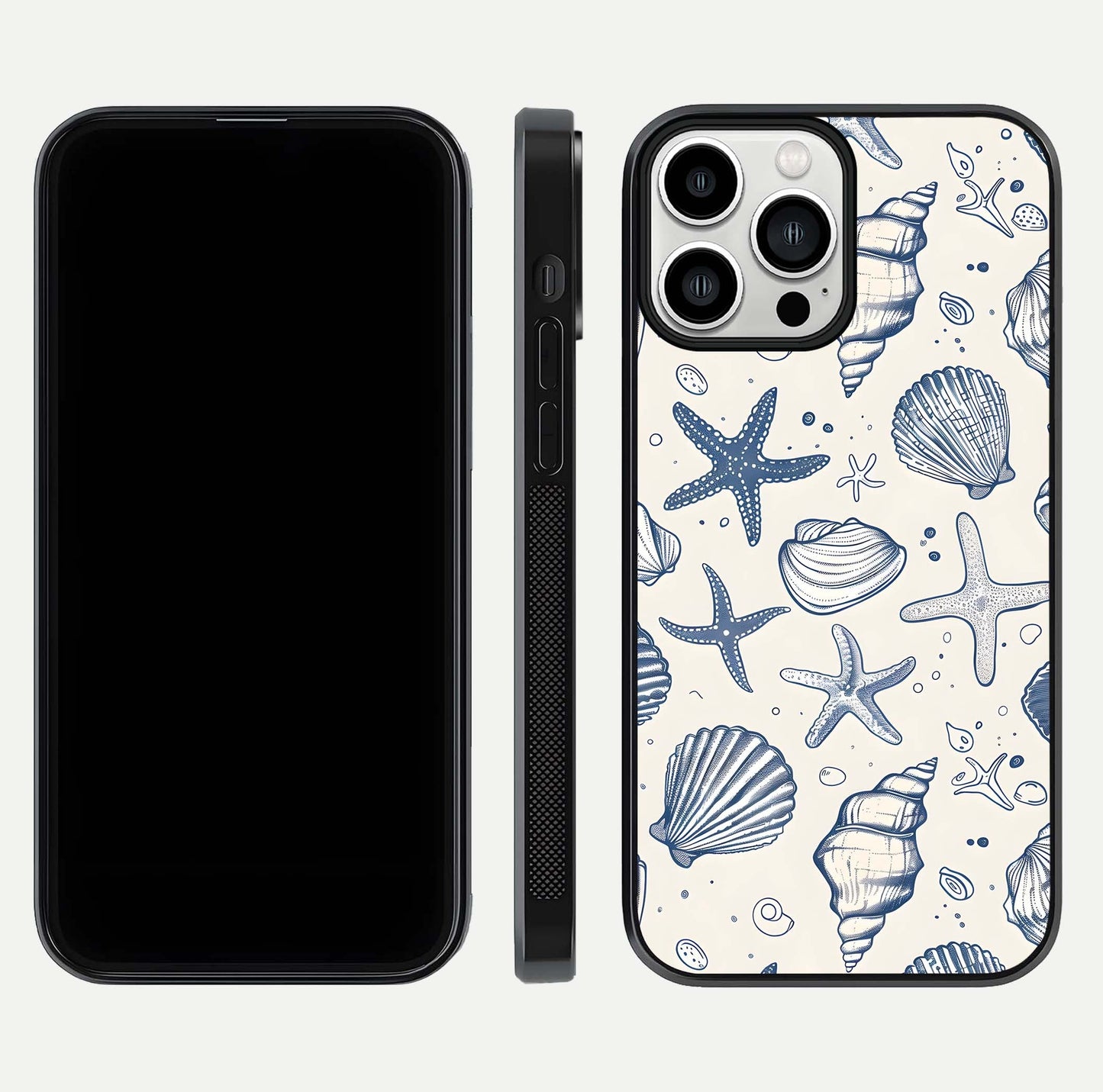 Blue Ocean Outline Glass Case for iPhone 13 Pro Max front-and-back layout showing minimal wave design and HD gloss