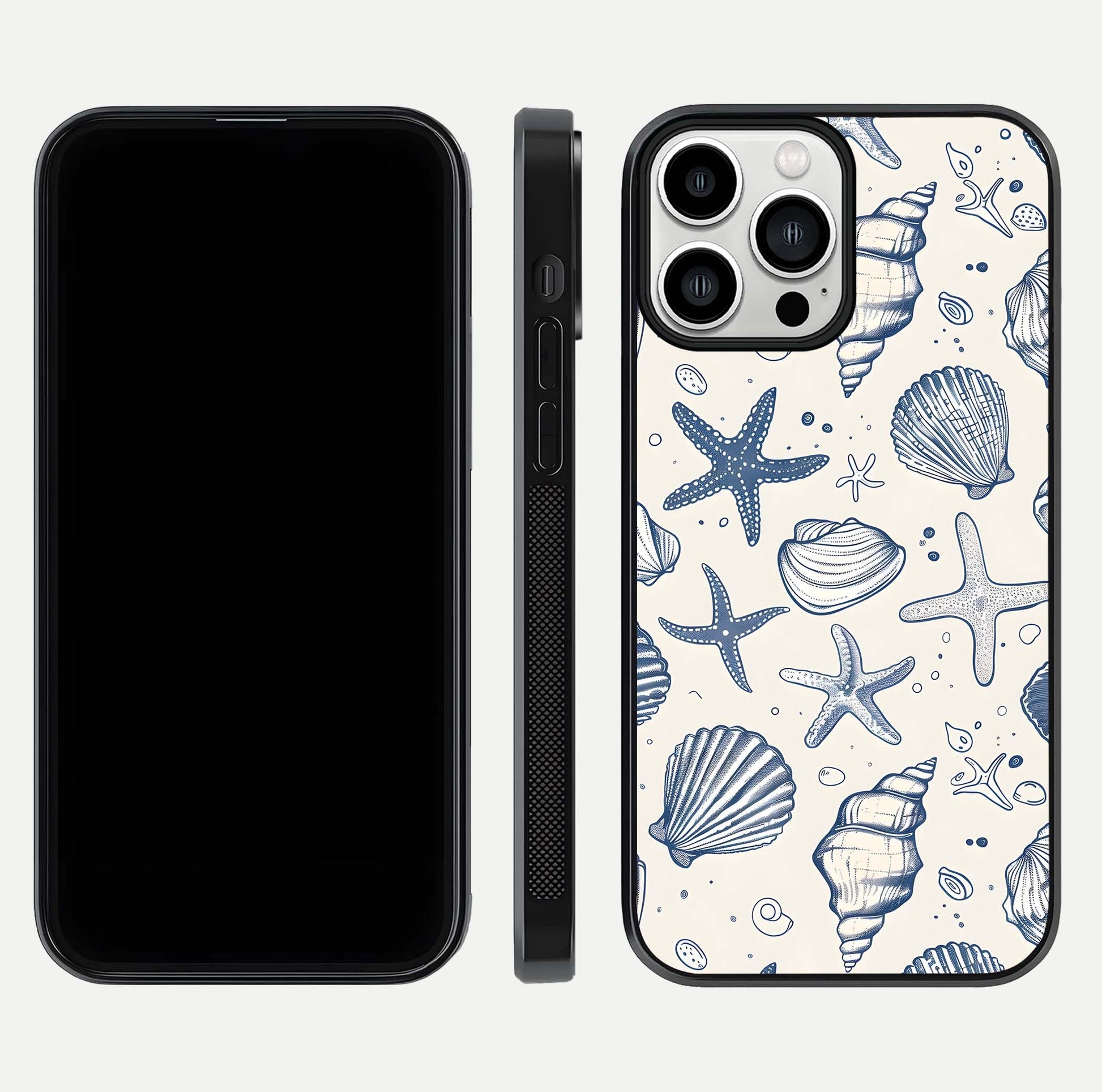 Blue Ocean Outline Glass Case for iPhone 13 Pro Max front-and-back layout showing minimal wave design and HD gloss