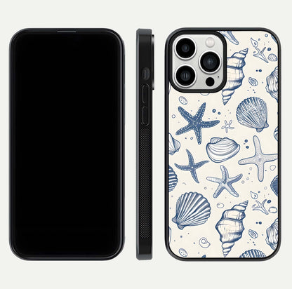 Blue Ocean Outline Glass Case for iPhone 13 Pro Max front-and-back layout showing minimal wave design and HD gloss