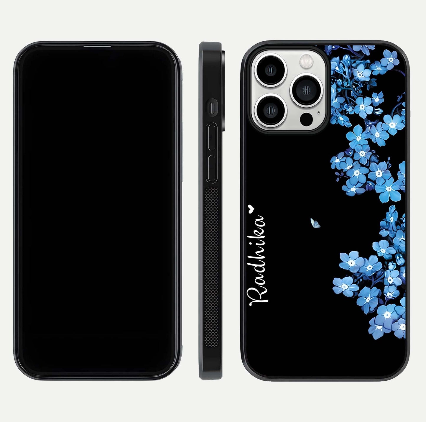 Blue Petal Dream Custom Name Glass Case for iPhone 13 Pro Max dual-view layout showing text placement and premium finish