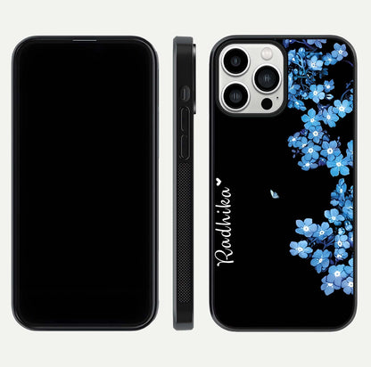 Blue Petal Dream Custom Name Glass Case for iPhone 13 Pro Max dual-view layout showing text placement and premium finish