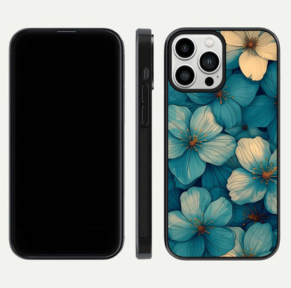 Blue Shade Floral Glass Case for iPhone 13 Pro Max front-and-back layout displaying bloom contrast and edge polish