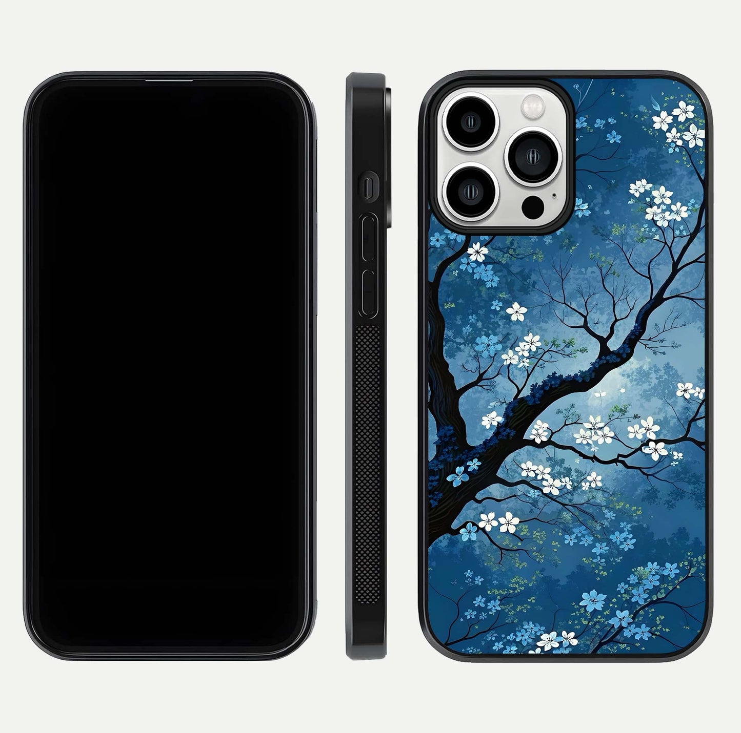 Blue Tree Serenity Glass Case for iPhone 13 Pro Max front-and-back layout showing gradient background and smooth edges