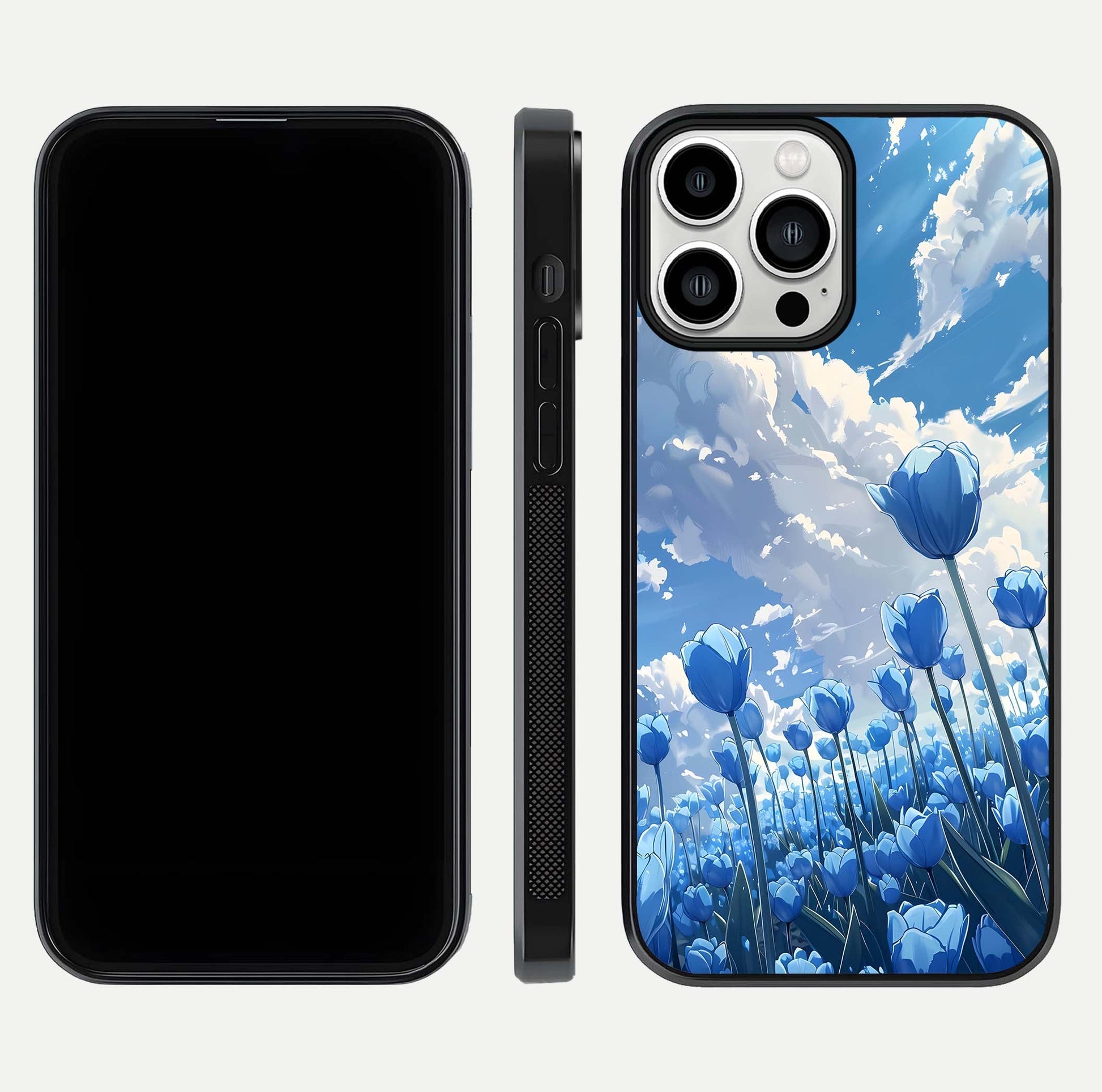 Blue Tulip Clouds Glass Case for iPhone 13 Pro Max front-and-back layout showcasing floral detail and polished edges