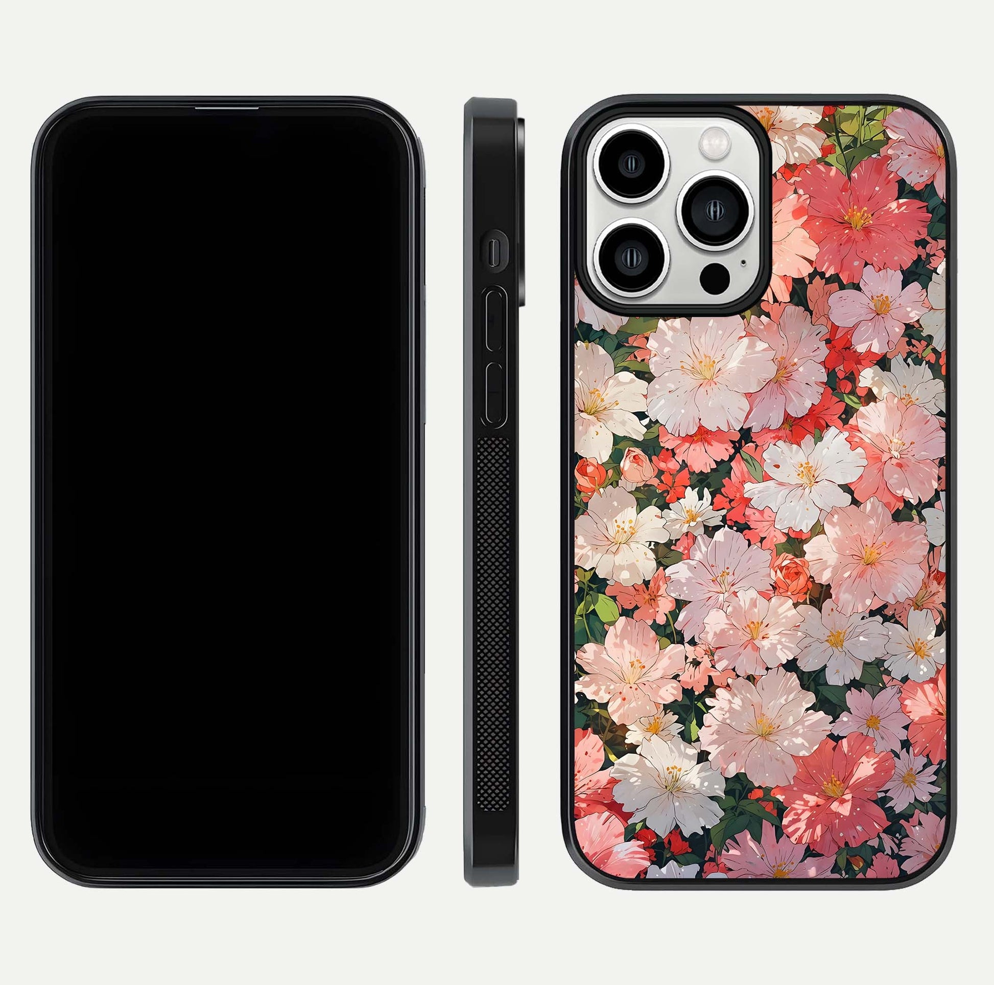 Blush Bloom Field Glass Case for iPhone 13 Pro Max dual-view layout showing bloom arrangement and protective frame