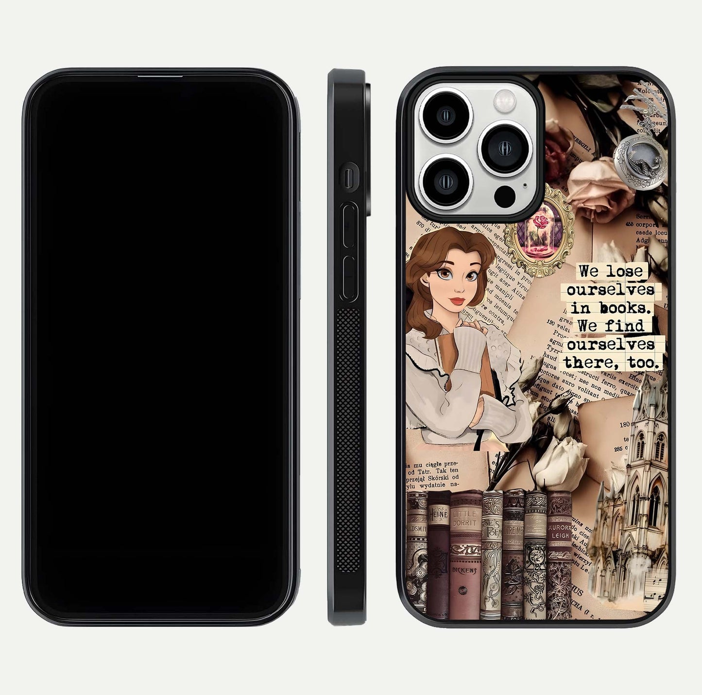 Bookish Dream World Glass Case for iPhone 13 Pro Max dual-view layout displaying colorful fantasy print and edge finish