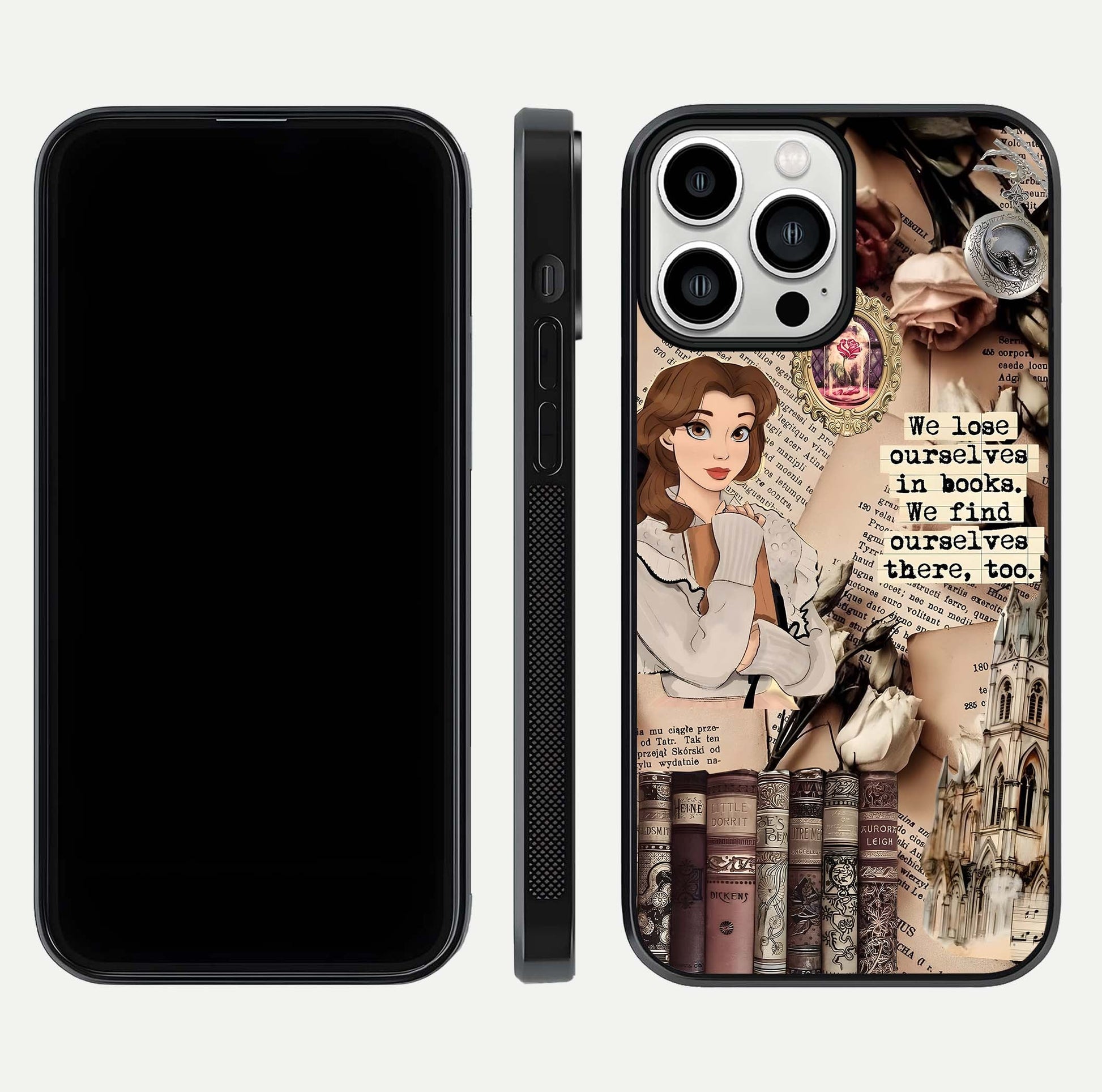 Bookish Dream World Glass Case for iPhone 13 Pro Max dual-view layout displaying colorful fantasy print and edge finish