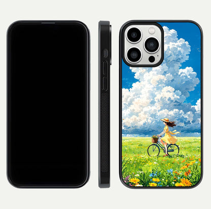 Breezy Meadow Ride Glass Case for iPhone 13 Pro Max dual-view layout showing soft landscape design and reflection gloss