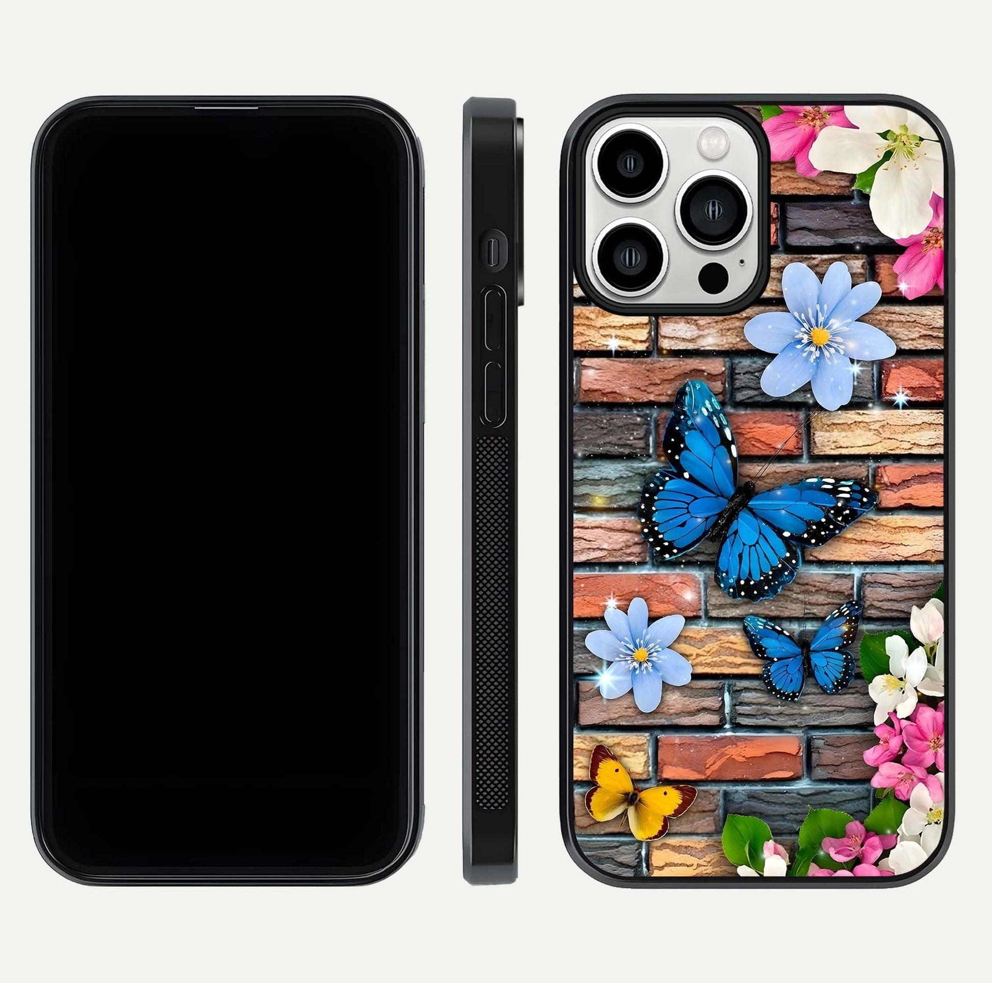 Brick Bloom Flight Glass Case for iPhone 13 Pro Max dual-view layout showing bloom placement and protective edge design
