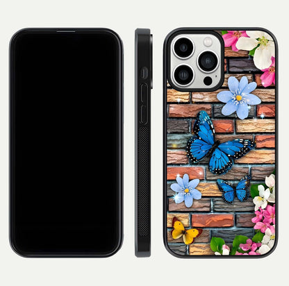 Brick Bloom Flight Glass Case for iPhone 13 Pro Max dual-view layout showing bloom placement and protective edge design