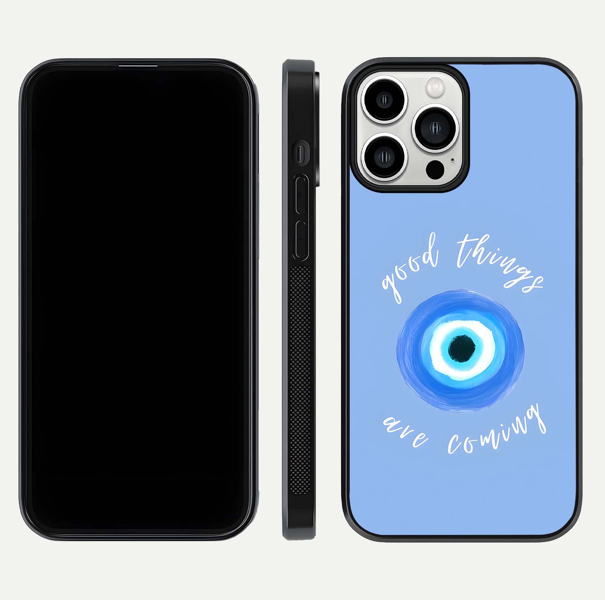 Bright Future Ahead Glass Case for iPhone 13 Pro Max front-and-back layout showing clean font style and gloss shine