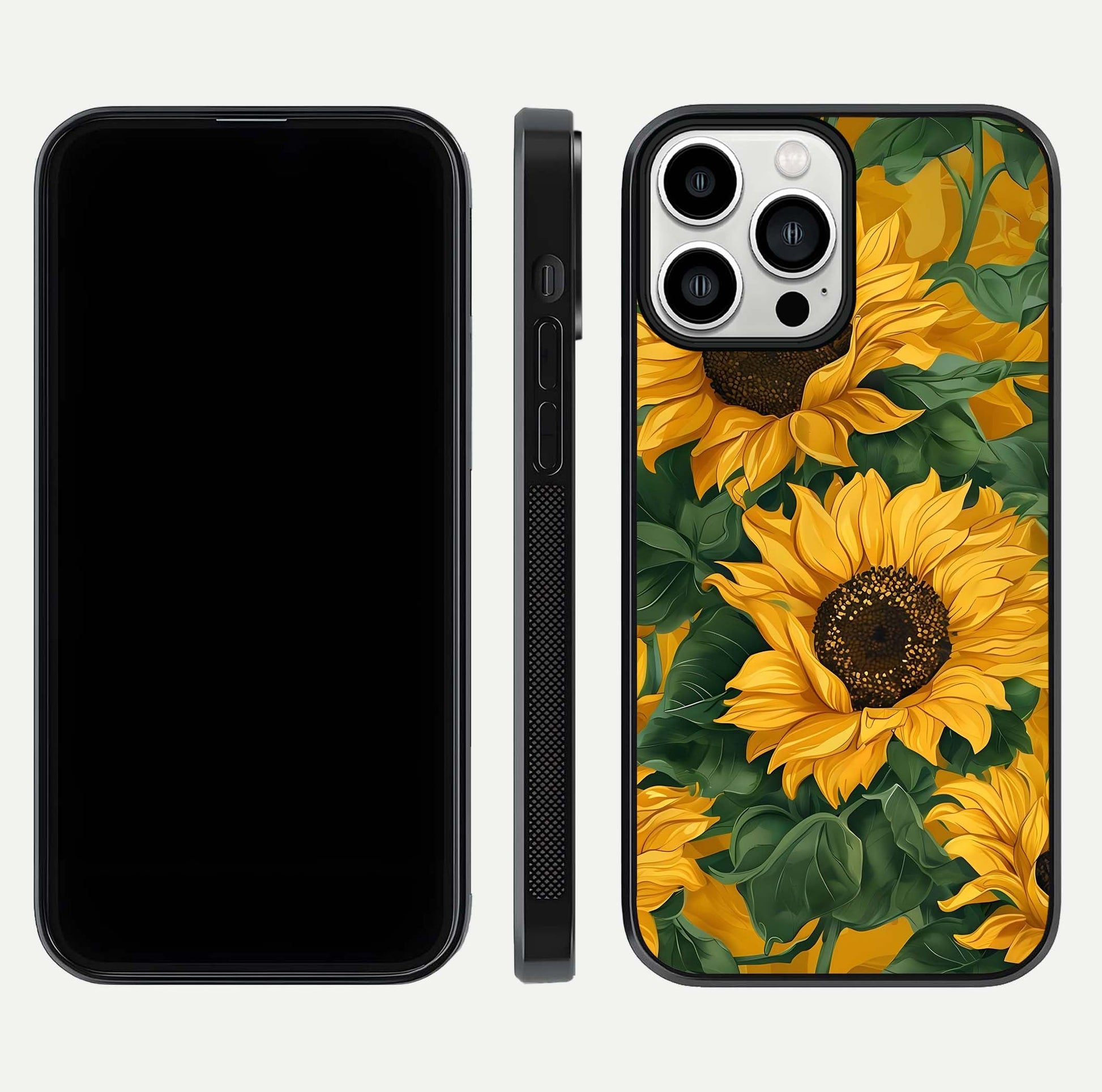 Bright Sunflower Bloom Glass Case for iPhone 13 Pro Max dual-view layout displaying floral glow and curved glass edge
