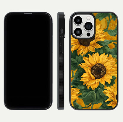 Bright Sunflower Bloom Glass Case for iPhone 13 Pro Max dual-view layout displaying floral glow and curved glass edge