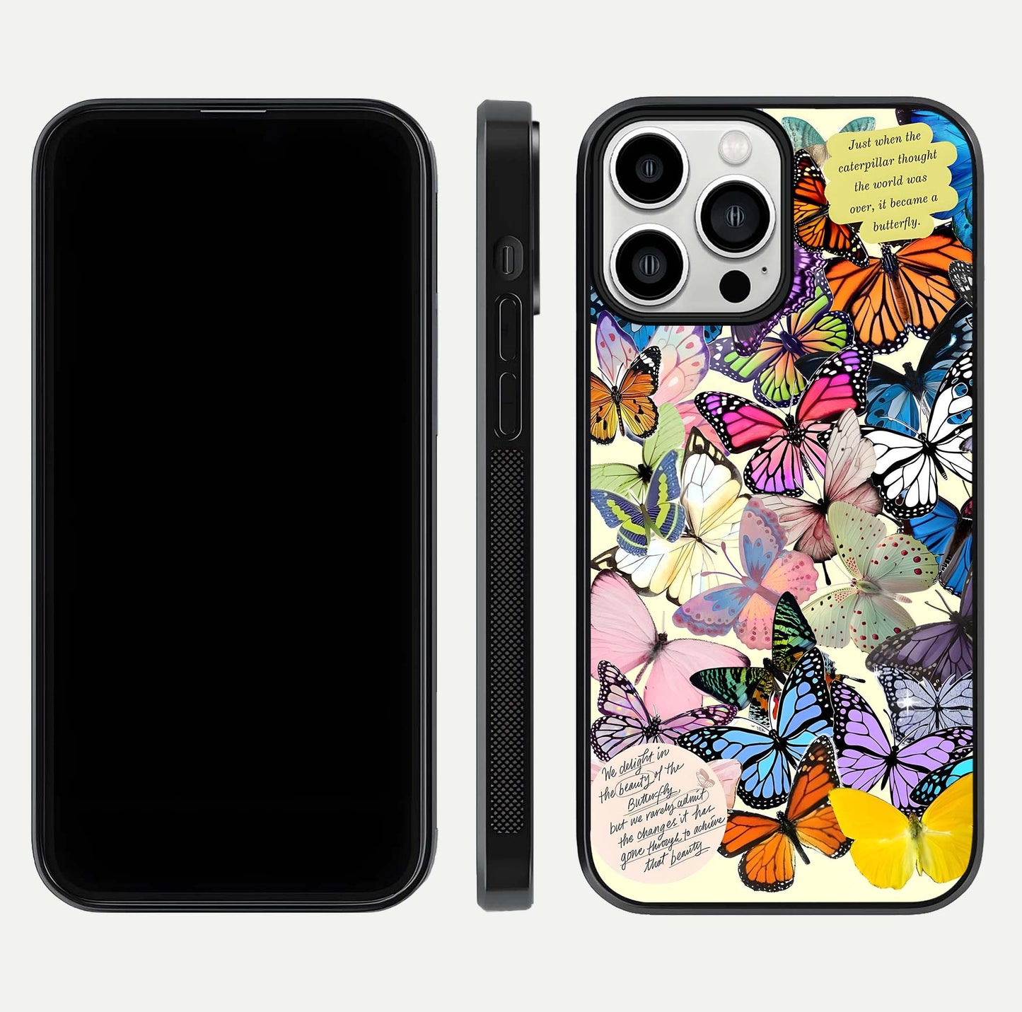 Butterflies Petal Dream Glass Case for iPhone 13 Pro Max front-and-back layout showcasing floral spread and reflection shine