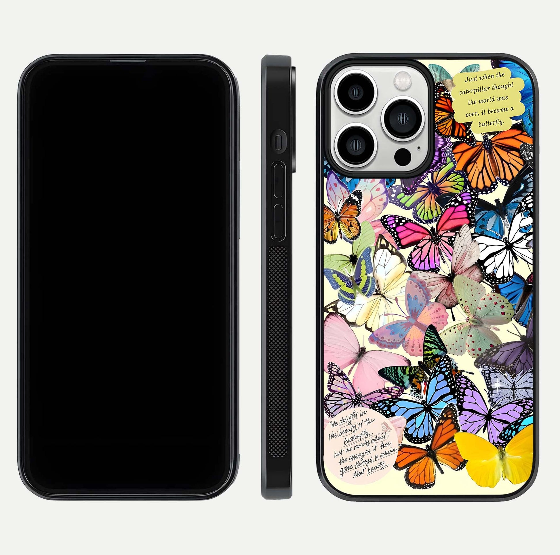Butterflies Petal Dream Glass Case for iPhone 13 Pro Max front-and-back layout showcasing floral spread and reflection shine