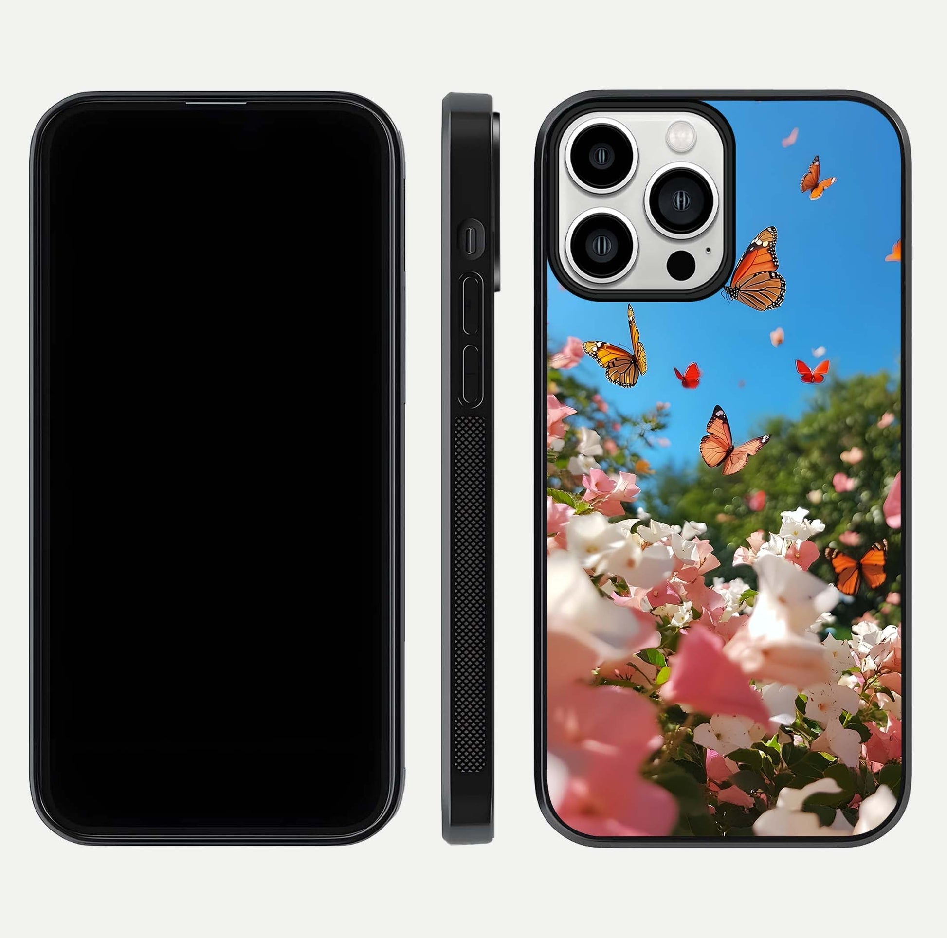 Butterflies in Bloom Sky Glass Case for iPhone 13 Pro Max dual-view layout displaying elegant composition and glass gloss