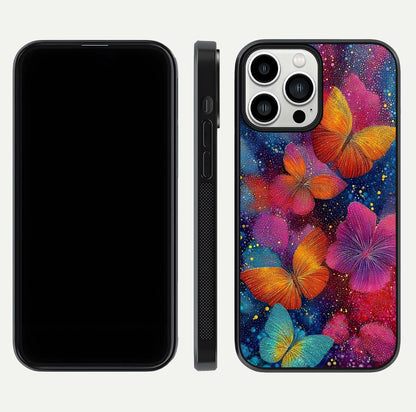 Butterfly Dream Mist Glass Case for iPhone 13 Pro Max dual-view layout showing mist background and edge polish
