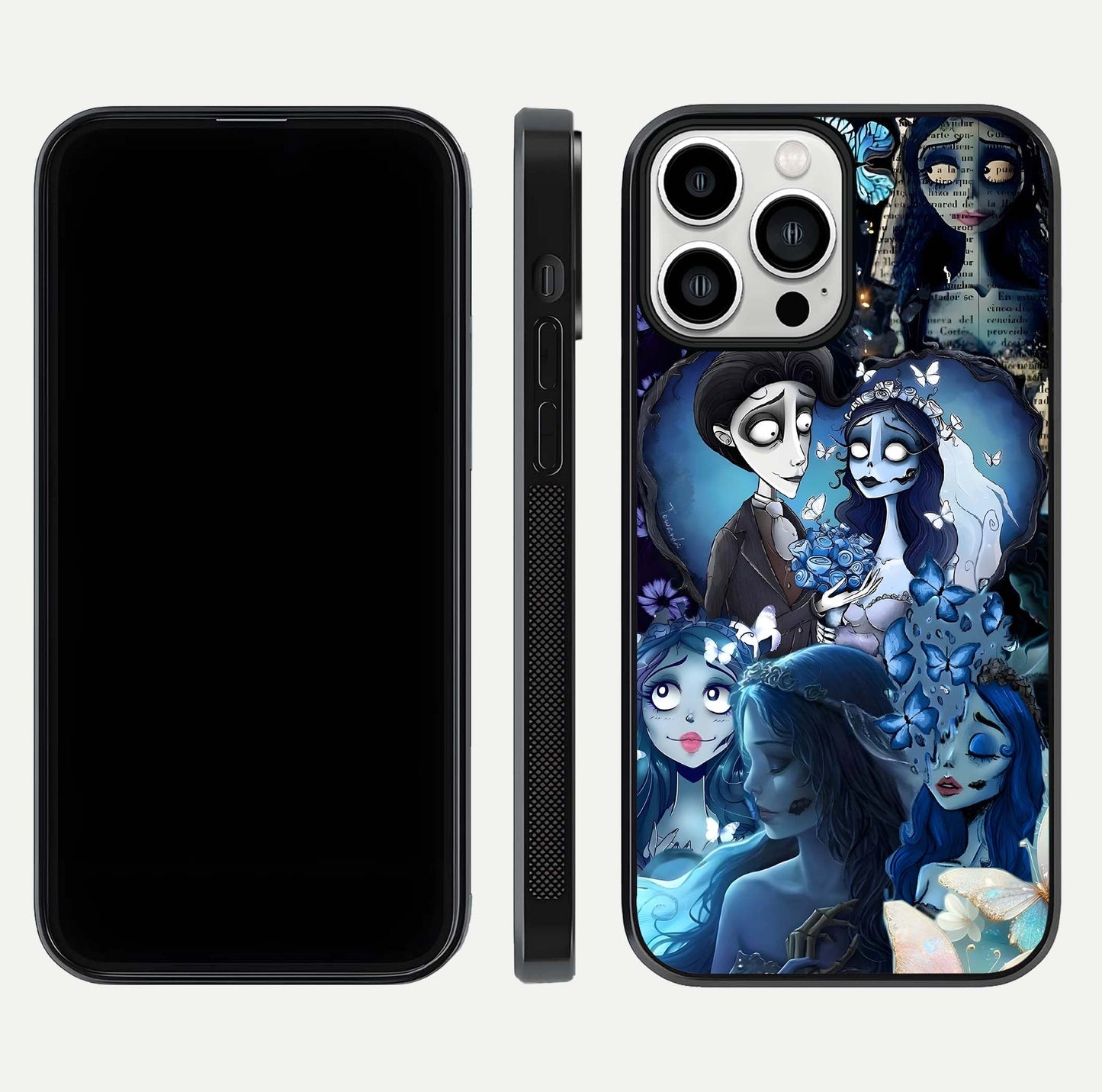 Butterfly Ghost Soul Glass Case for iPhone 13 Pro Max front-and-back layout highlighting dark art balance and HD shine
