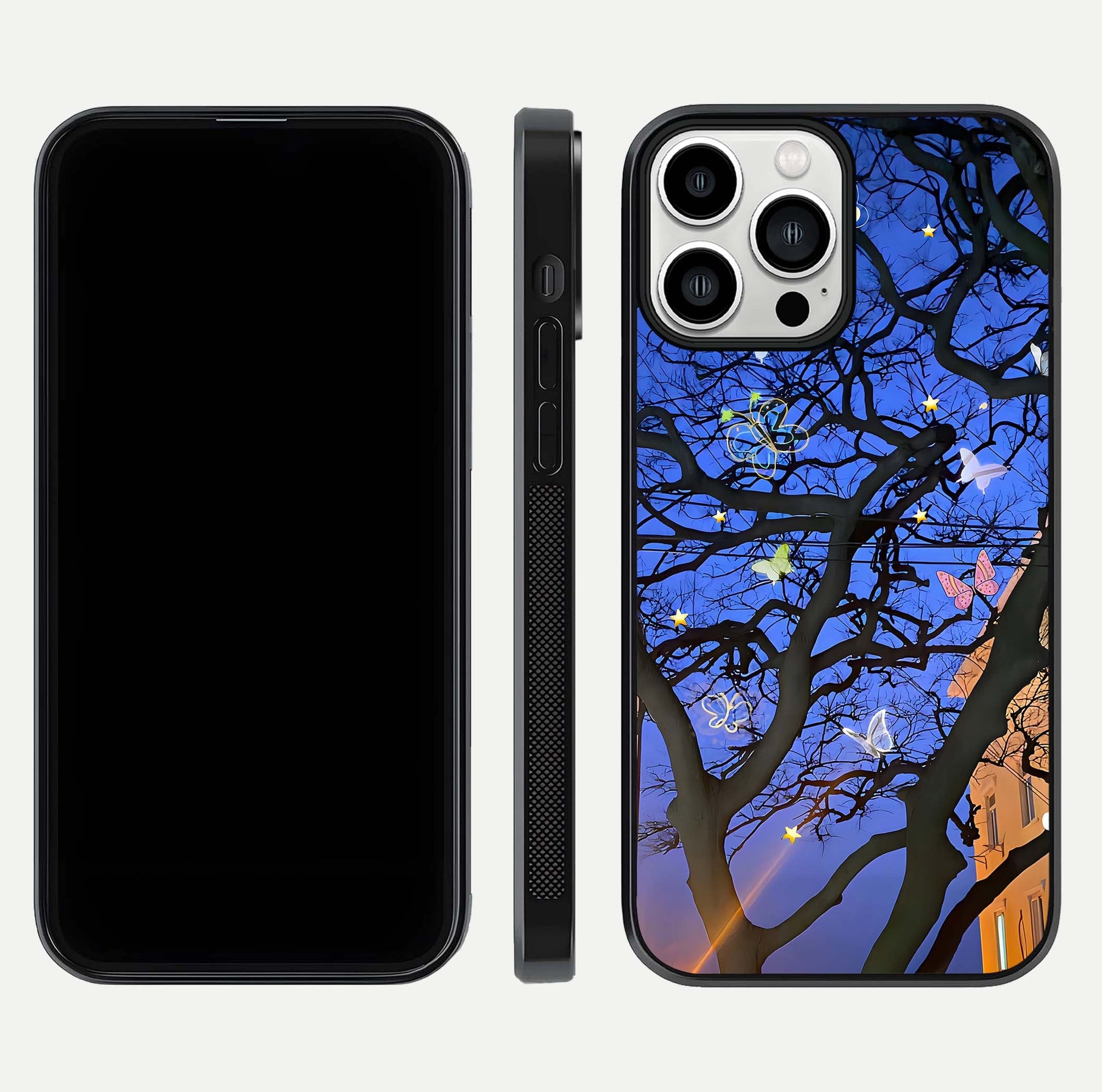 Butterfly Night Magic Glass Case for iPhone 13 Pro Max dual-view layout displaying balanced art and edge clarity