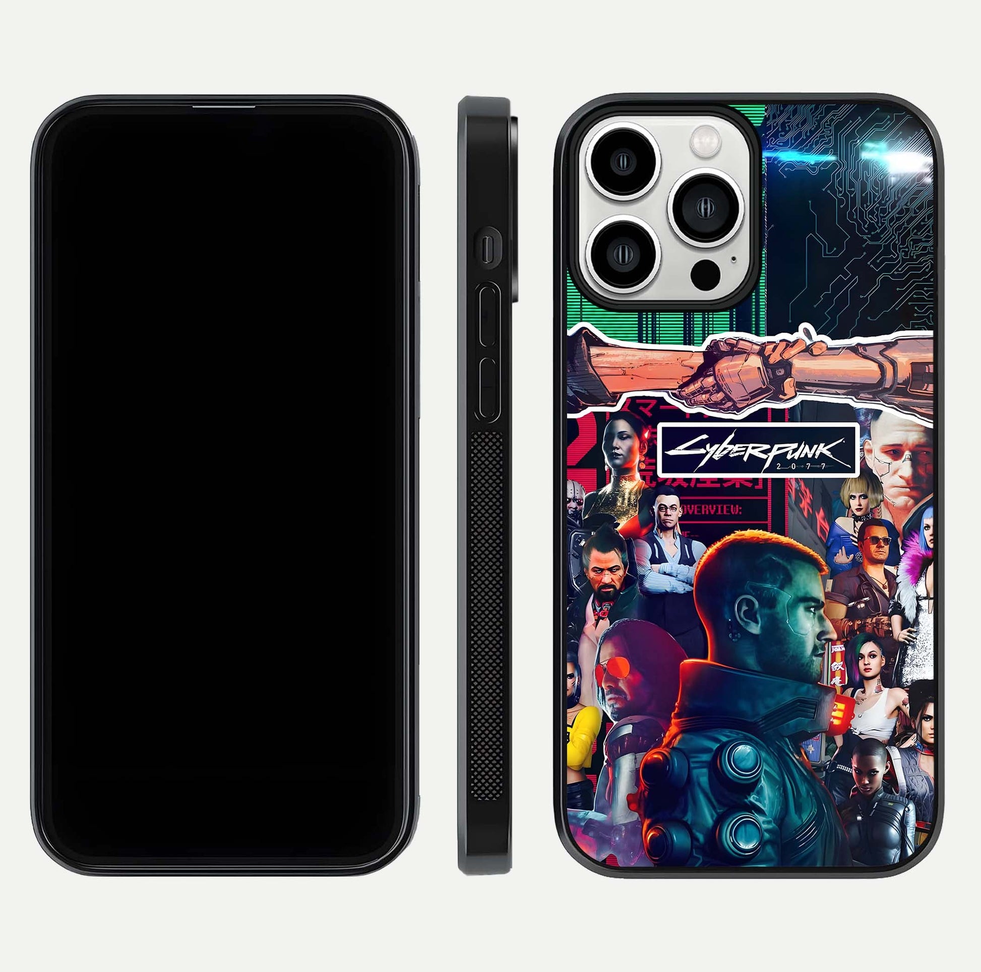 CYBERPUNK Legacy Glass Case for iPhone 13 Pro Max dual-view layout showing cyberpunk hues and glass precision