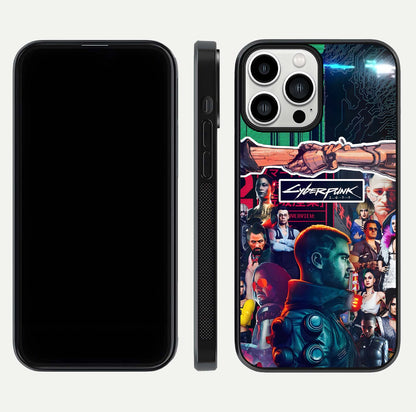 CYBERPUNK Legacy Glass Case for iPhone 13 Pro Max dual-view layout showing cyberpunk hues and glass precision