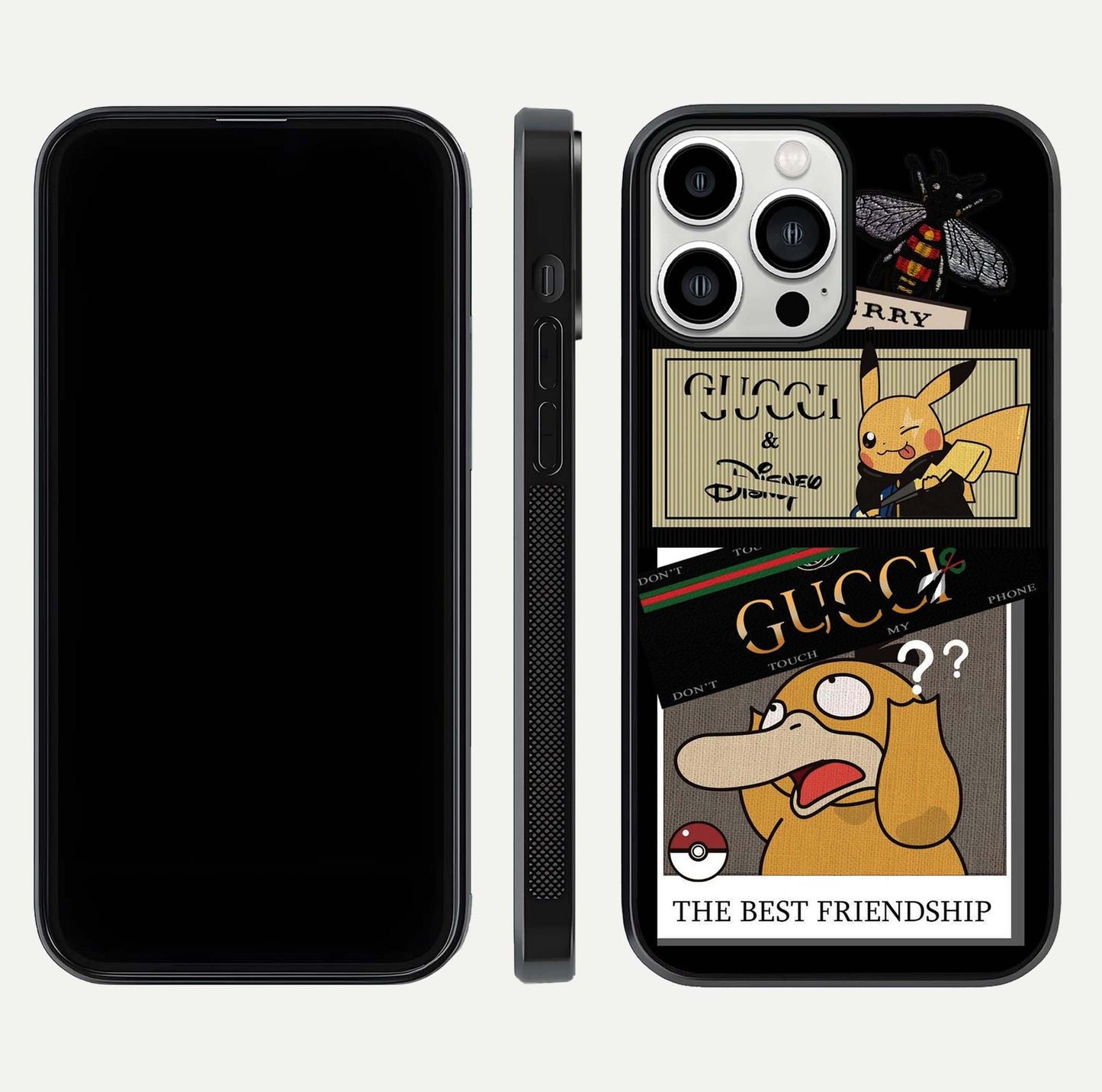 Cartoon Brand Play Mashup Glass Case for iPhone 13 Pro Max front and back view layout highlighting multi-logo artwork and curved edges