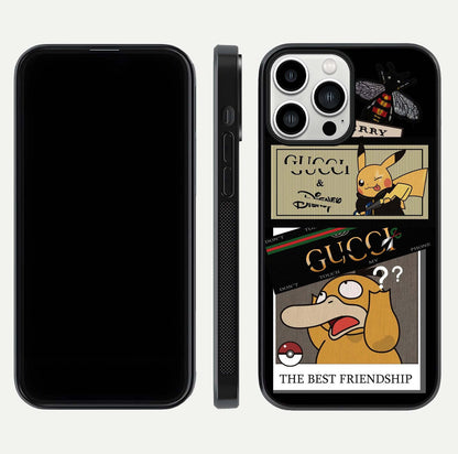 Cartoon Brand Play Mashup Glass Case for iPhone 13 Pro Max front and back view layout highlighting multi-logo artwork and curved edges