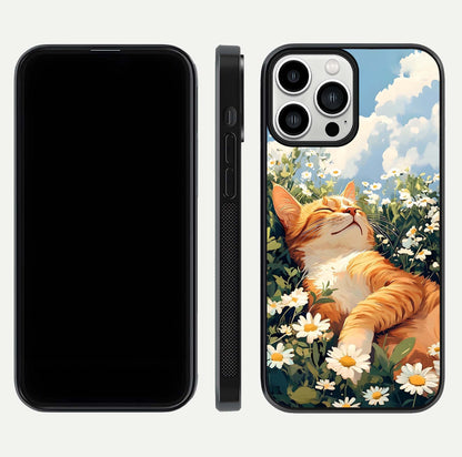 Cat & Flowers View Glass Case for iPhone 13 Pro Max front-and-back layout showing floral balance and gloss surface