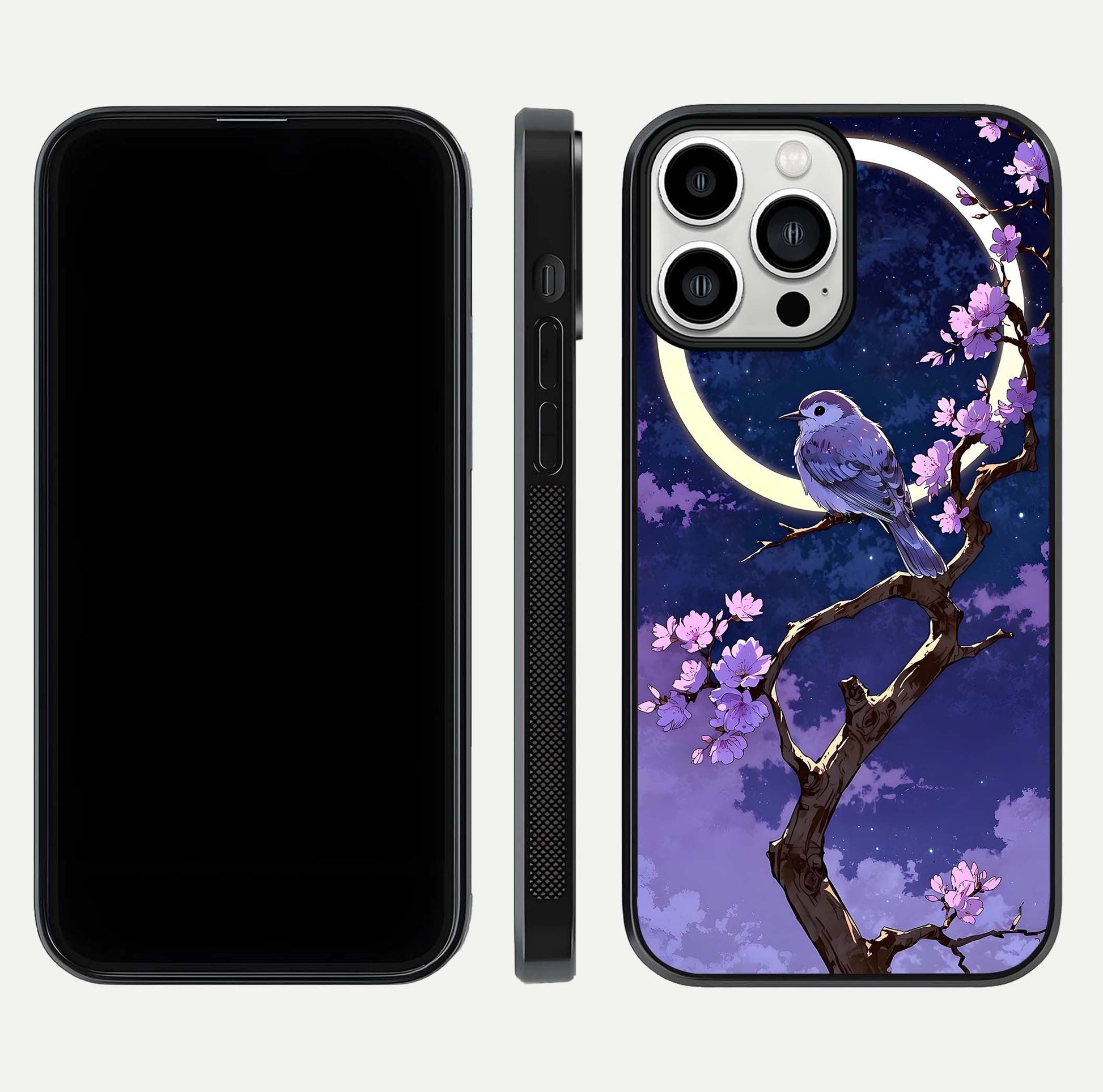 Celestial Bird Blossom Glass Case for iPhone 13 Pro Max dual-view layout showing art composition and edge clarity