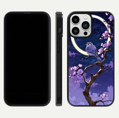 Celestial Bird Blossom Glass Case for iPhone 13 Pro Max dual-view layout showing art composition and edge clarity