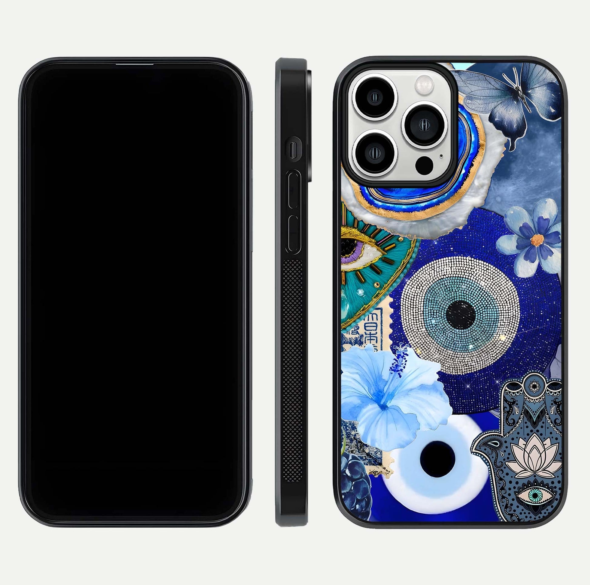 Celestial Blue Vision Glass Case for iPhone 13 Pro Max dual-view layout showing celestial gradient and curved edges